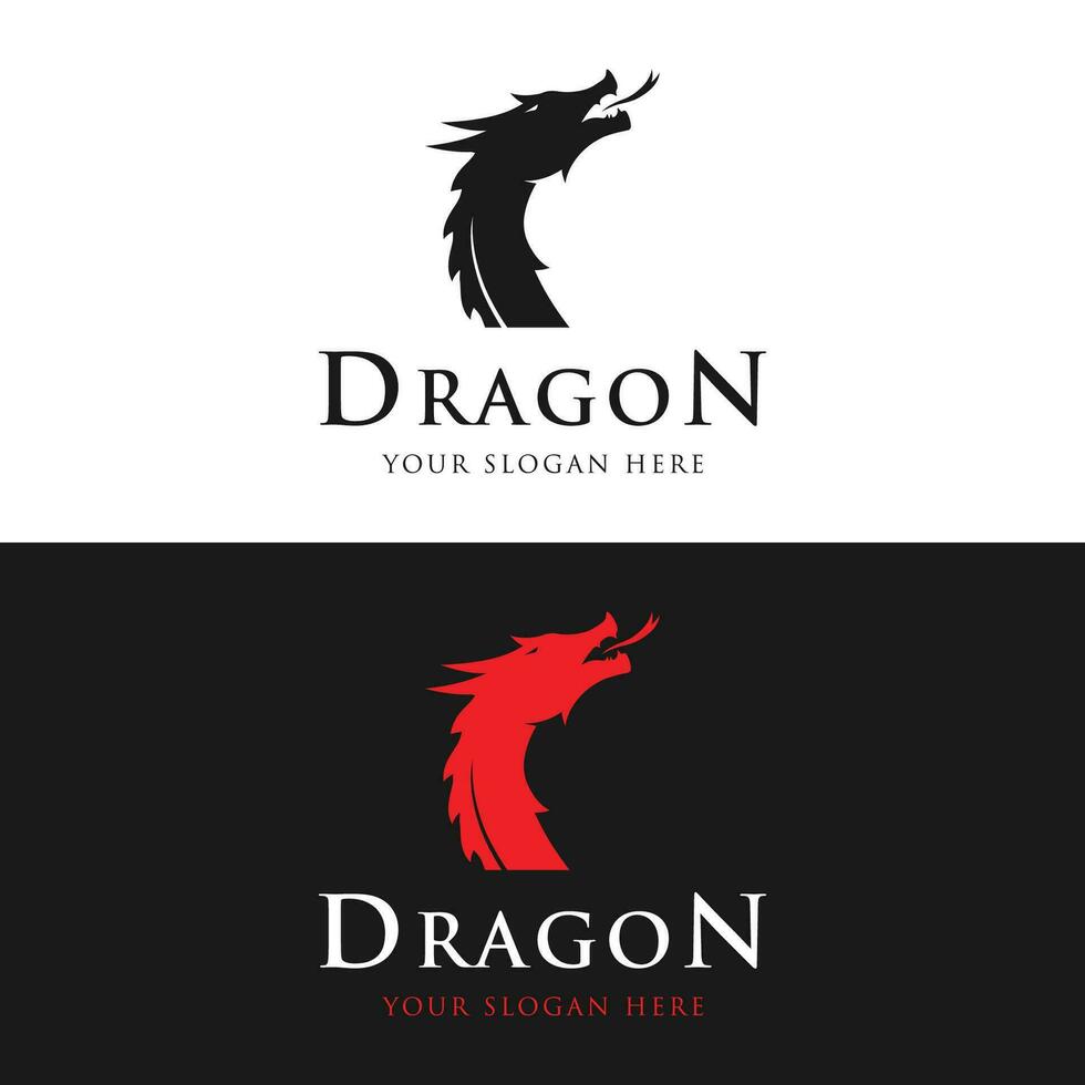 Logo Design von Feuer Drachen Kopf und Flügel isoliert Hintergrund. vektor