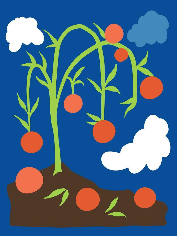 abstrakt runden rot Obst oder Gemüse Pflanze Das ähnelt ein Tomate, mit Boden und Wolken beim Nacht. Vektor Illustration zum T-Shirt oder Poster Design. einfach eben Karikatur minimalistisch Kunst gestylt Zeichnung.