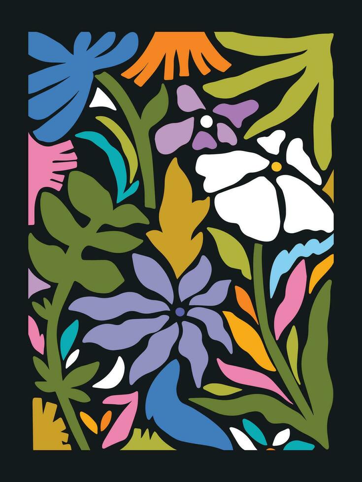 abstrakt bunt Blume und Blätter botanisch Pflanzen Vektor Illustration Poster Design isoliert auf Vertikale dunkel Hintergrund. einfach eben minimalistisch voll farbig Kunst gestylt Zeichnung zum Mauer Kunst drucken.