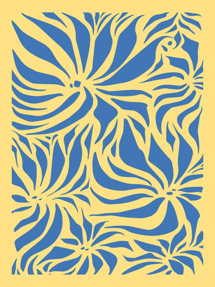 abstrakt Blau farbig Blumen und Blätter Pflanze zum T-Shirt oder Poster Design. Vektor Illustration isoliert auf Gelb Vertikale Hintergrund. einfach eben Karikatur minimalistisch Kunst gestylt Zeichnung.