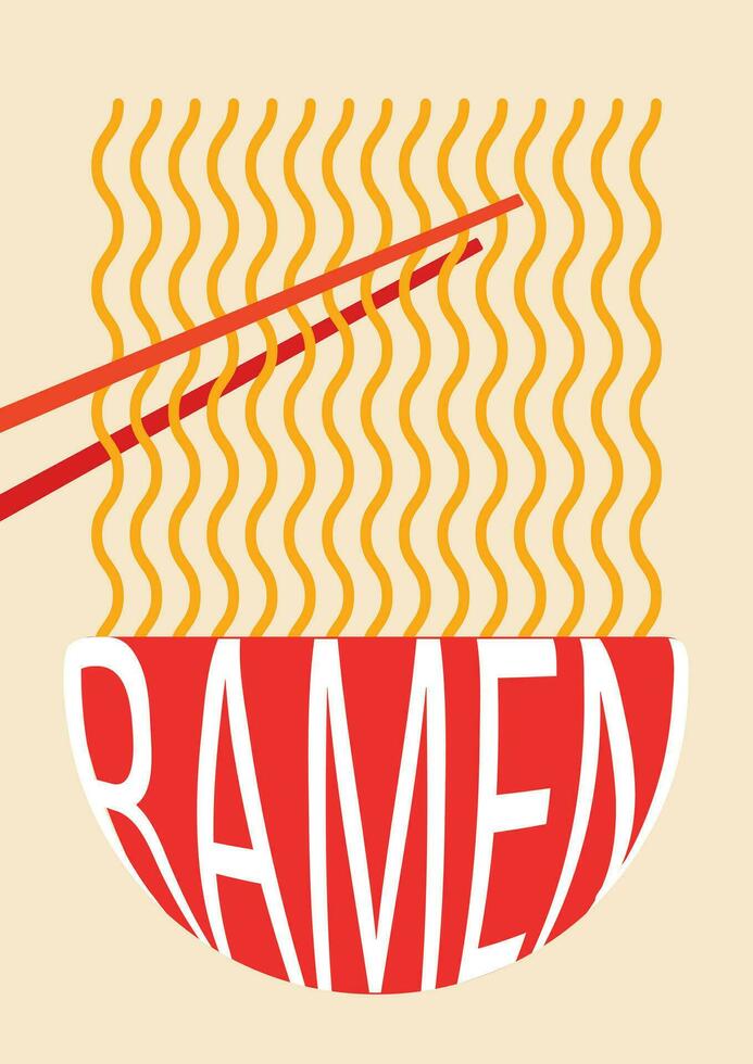 minimalistisch Ramen Nudel Japan Essen thematisch Poster Mauer Kunst Design Vorlage. rot und Gelb farbig Vektor Illustration isoliert auf Vertikale einfach Hintergrund. einfach eben Karikatur Kunst gestylt Zeichnung.