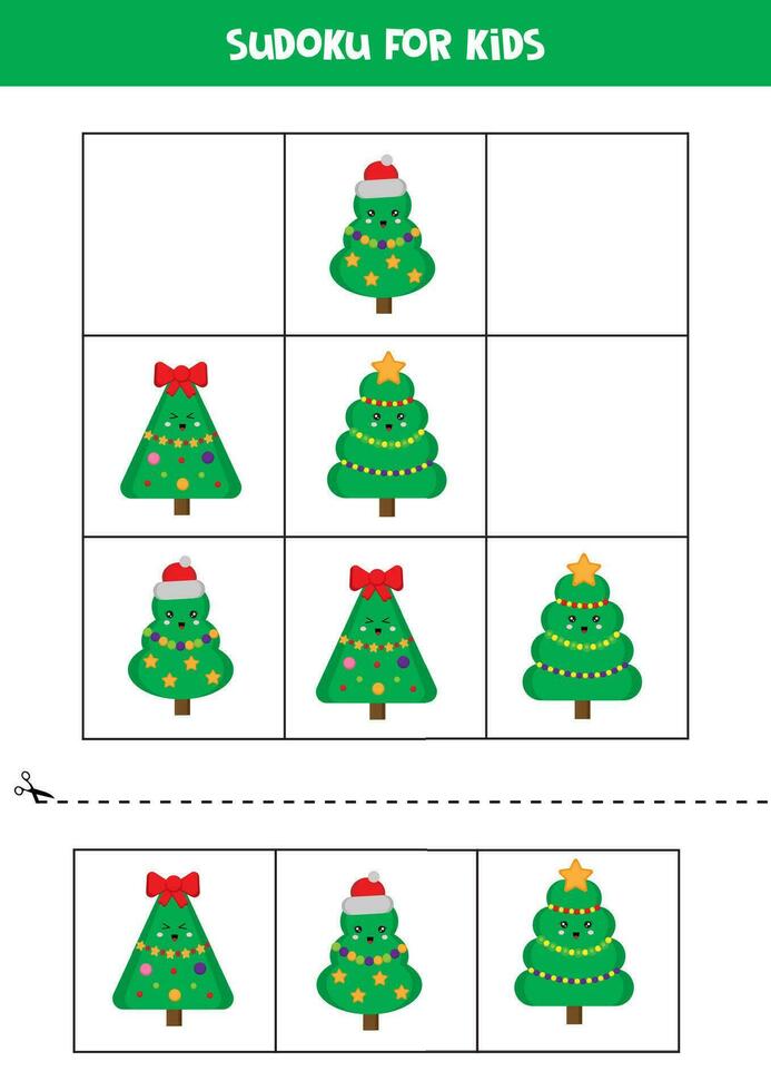 pedagogisk sudoku spel med söt tecknad serie jul träd. vektor