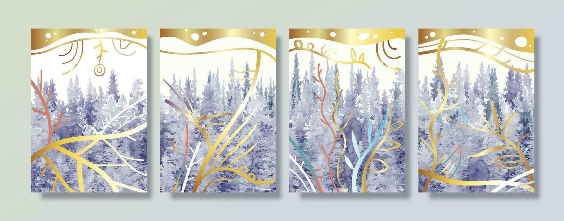 modern landskap tall träd abstrakt med guld linje konst vattenfärg målning bakgrund. vektor
