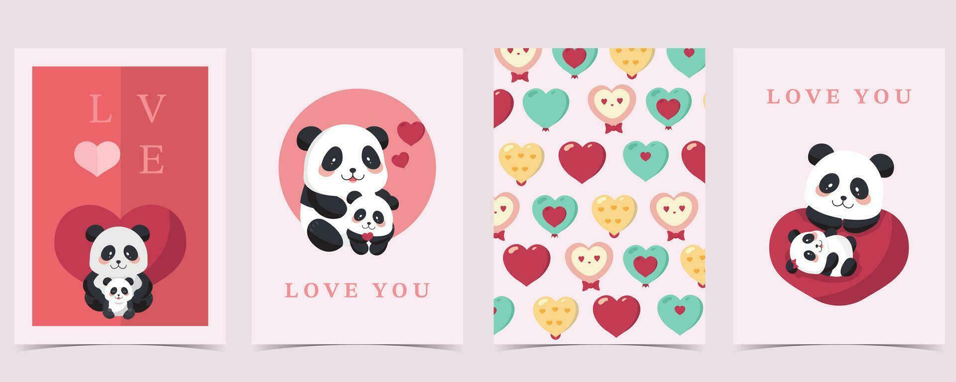 süß Panda Hintergrund einstellen mit Herz zum Valentinstag tag.illustration Vektor zum Postkarte