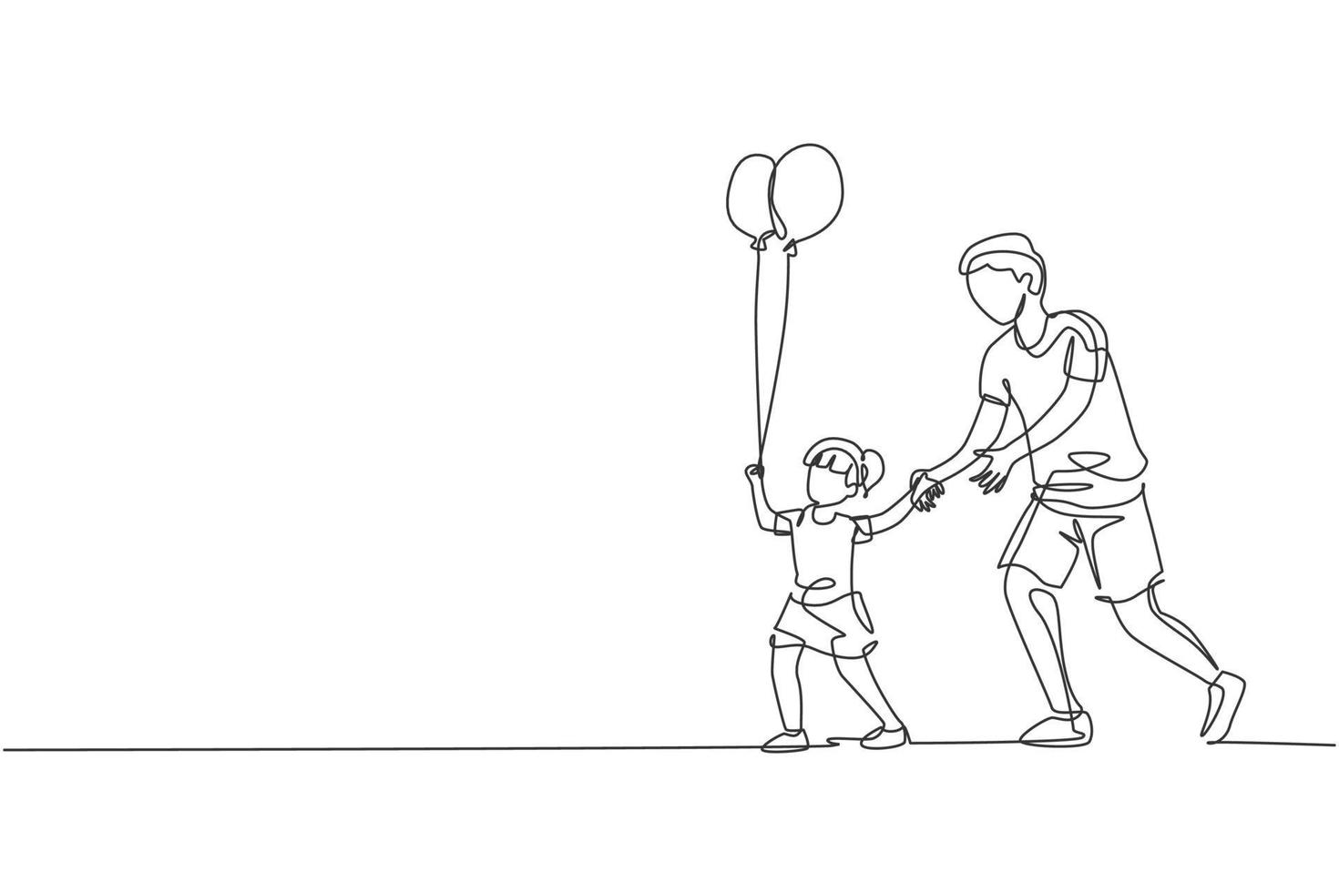 en kontinuerlig linjeteckning ung pappa och hans dotter går till nattkarnevalsfestivalen medan barnet håller ballong. lycklig familj föräldraskap koncept. enkel linje rita design vektor grafisk illustration