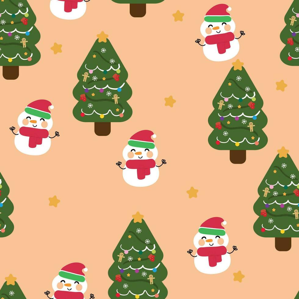 tecknad serie snögubbe sömlös mönster med jul träd och element. söt jul tapet för kort, gåva omslag papper vektor