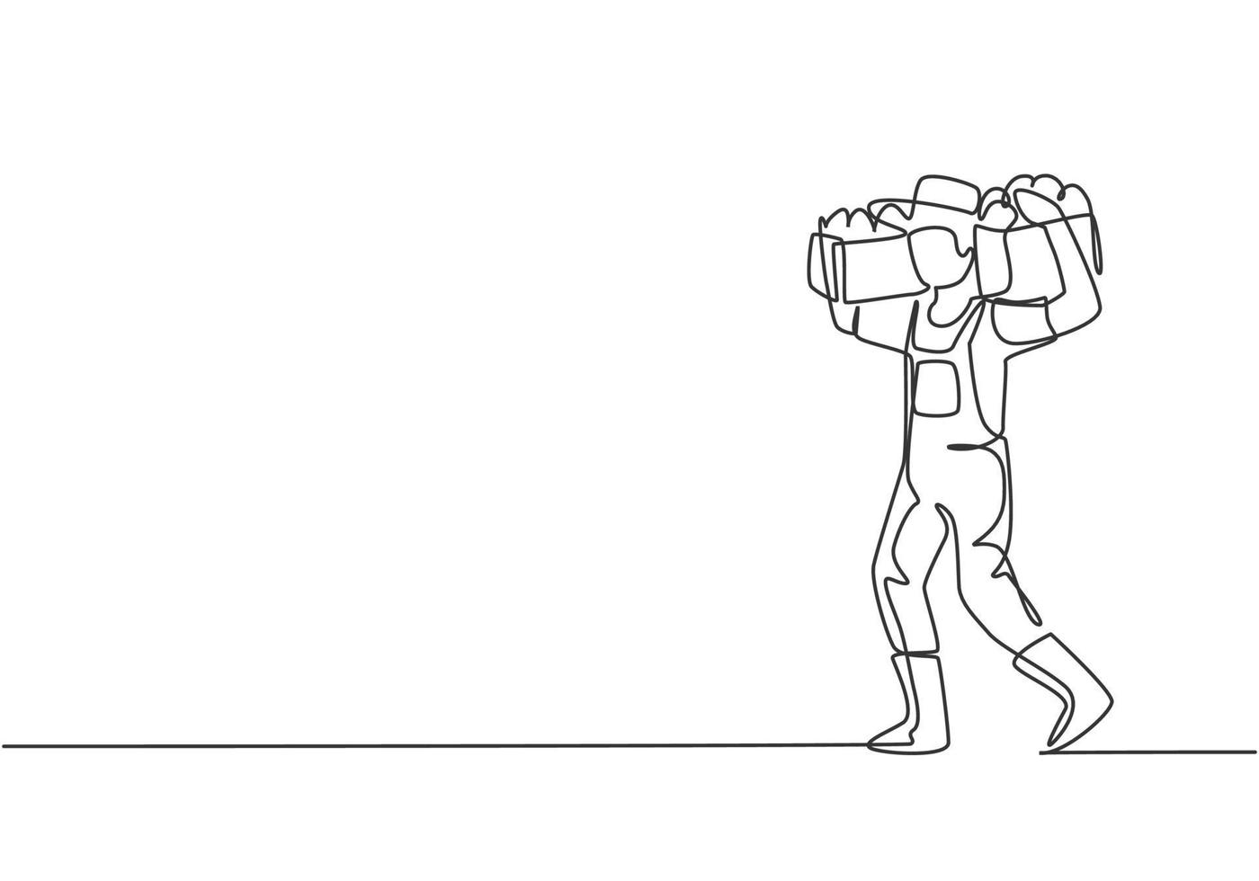 Eine einzige Strichzeichnung eines jungen männlichen Bauern, der die Kiste und den Obstkorb auf seinen Schultern schulterte. Landwirtschaft Herausforderung Minimalkonzept. moderne durchgehende Linie zeichnen Design-Grafik-Vektor-Illustration. vektor