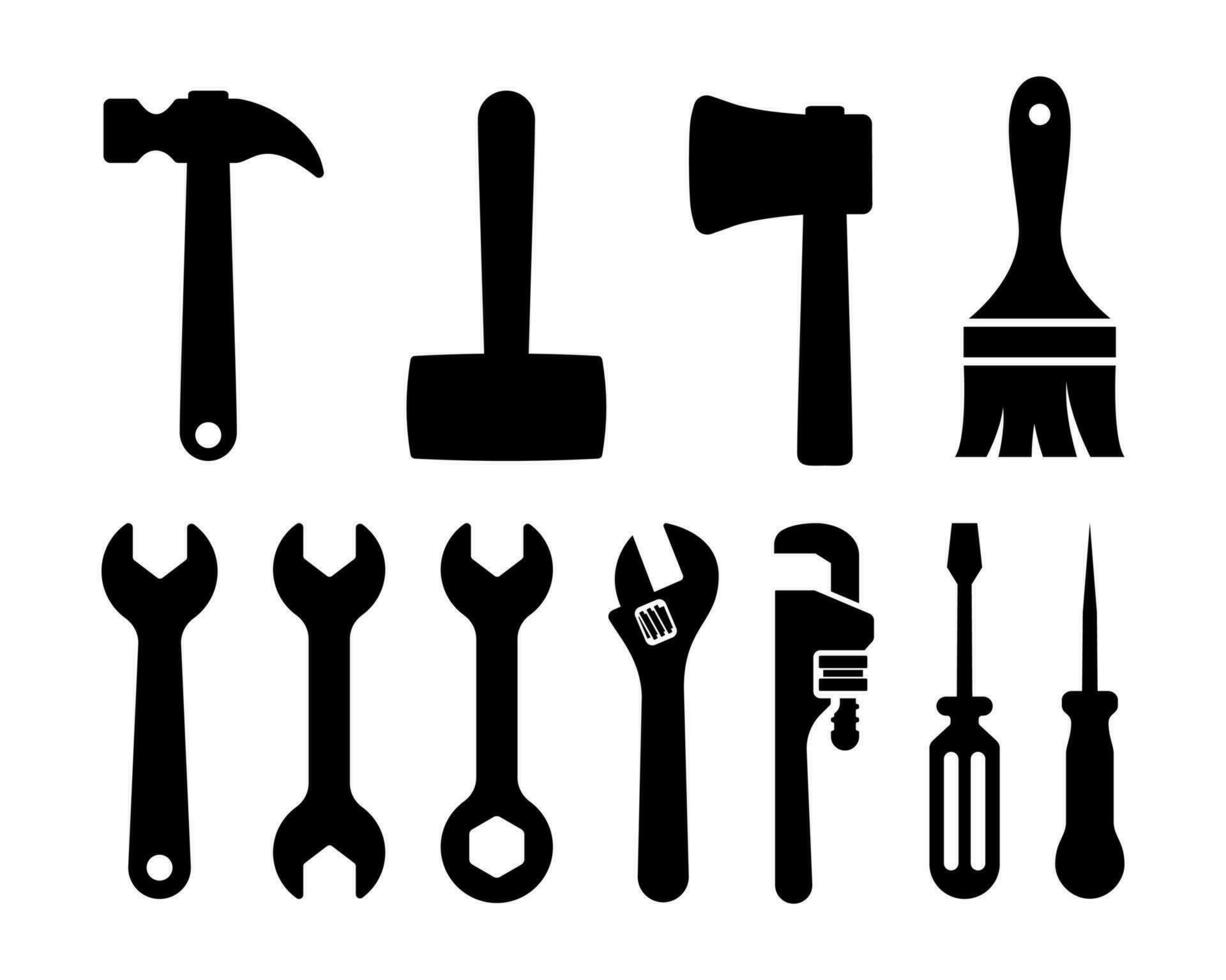 verktyg ikon uppsättning med hammare, klubba, pensel, rycka, skruvmejsel, syl klämma konst logotyp vektor