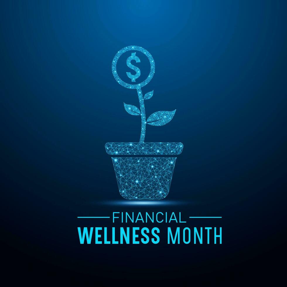 finanziell Wellness Monat ist beobachtete jeder Jahr im Januar. Januar ist finanziell Wellness Monat. niedrig poly Stil Design. Vektor Vorlage zum Banner, Gruß Karte, Poster mit dunkel Blau Hintergrund.