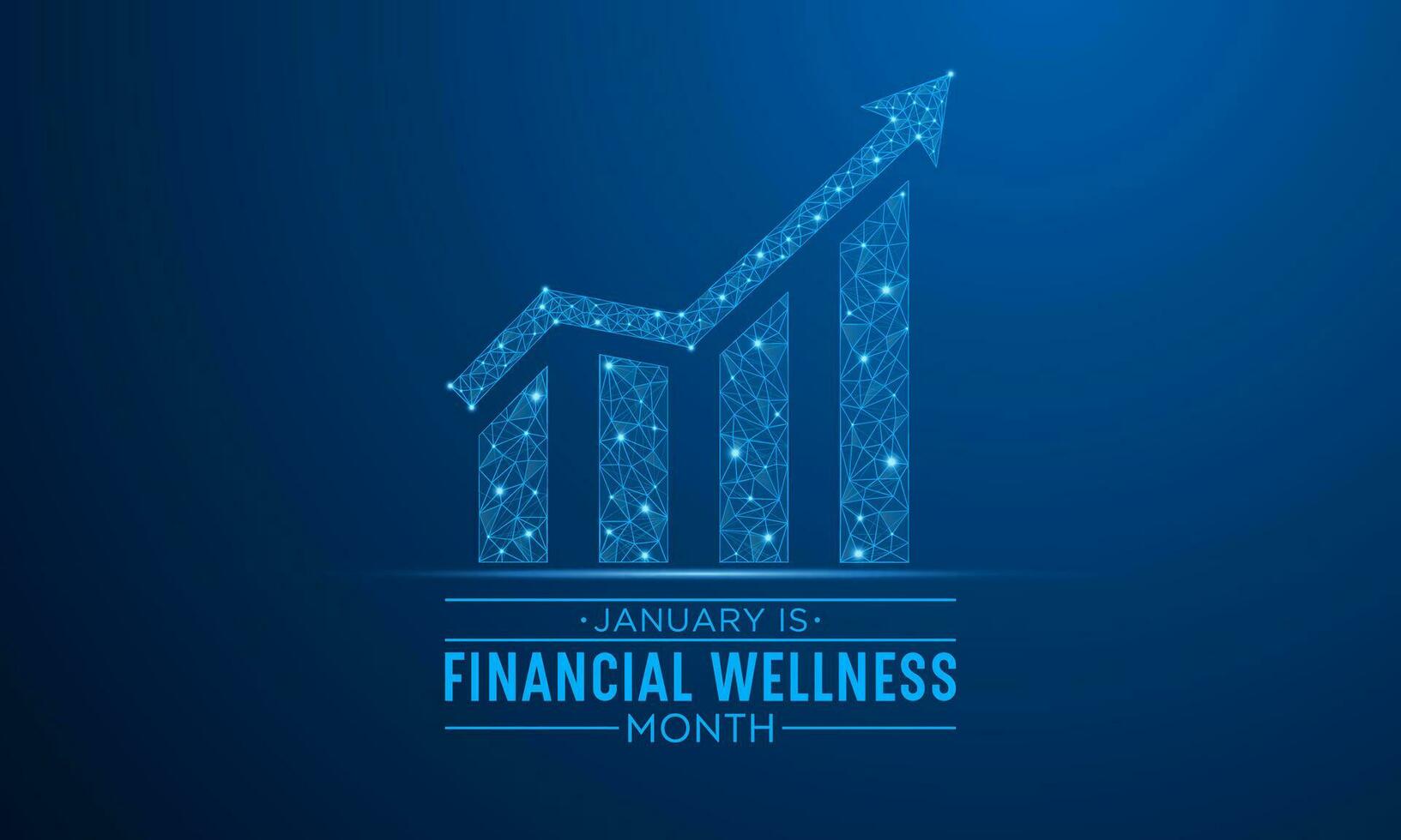 finanziell Wellness Monat ist beobachtete jeder Jahr im Januar. Januar ist finanziell Wellness Monat. niedrig poly Stil Design. Vektor Vorlage zum Banner, Gruß Karte, Poster mit dunkel Blau Hintergrund.