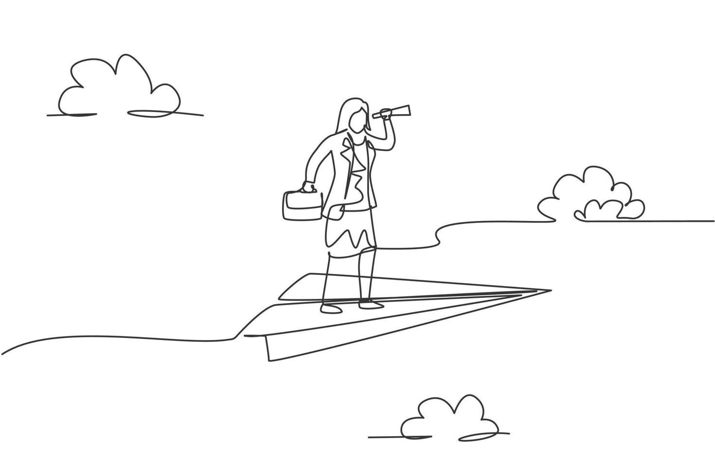 einzelne Zeichnung einer jungen Geschäftsfrau, die mit Papierflugzeug fliegt, während sie die Marktsituation analysiert. Unternehmensziel. Metapher minimales Konzept. durchgehende Linie zeichnen Design-Grafik-Vektor-Illustration vektor