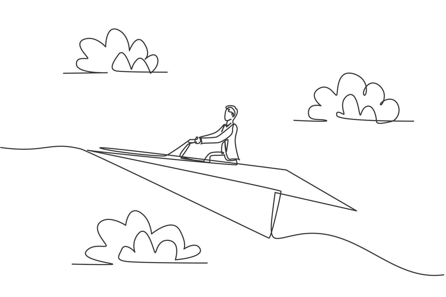 enda kontinuerlig linje ritning av ung affärsman flyger ett papper luftplan högt. professionell affärsman, metafor koncept. minimalism dynamisk en linje dragning. grafisk design vektor illustration