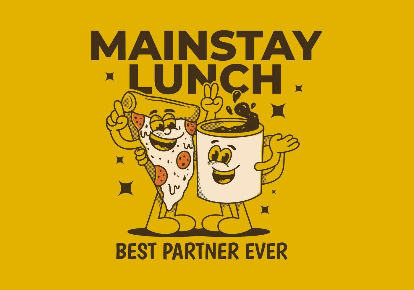Hauptstütze Mittagessen, Beste Partner immer. Maskottchen Charakter von ein Kaffee Becher und ein Scheibe Pizza vektor