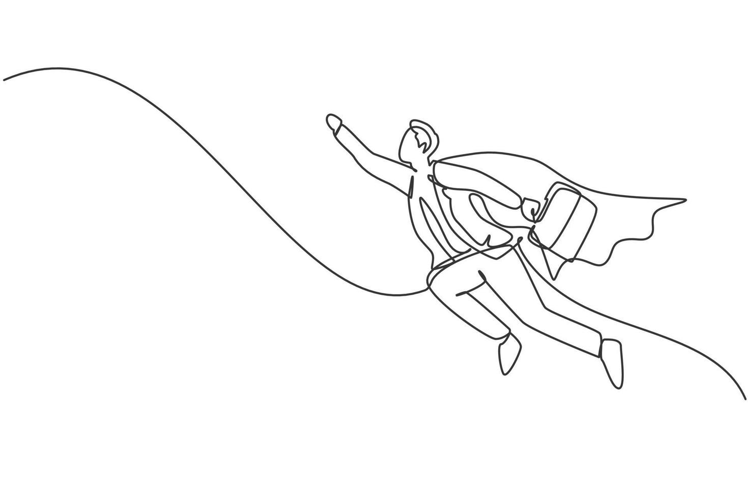 kontinuerlig en linje ritning av ung stilig manlig arbetare flyga med superhjältevinge. framgången sköt i höjden affärschefens minimalistiska koncept. trendig enkel linje rita design vektor grafisk illustration