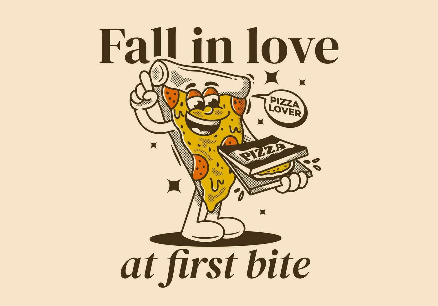 fallen im Liebe beim zuerst beissen. Charakter von Pizza halten ein Box Pizza vektor