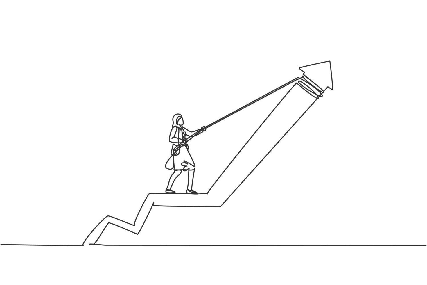 einzelne eine Strichzeichnung der jungen intelligenten Geschäftsfrau, die das Pfeilsymbol hochzieht, um das Diagramm zu erhöhen. Geschäftsumsatzwachstum minimales Konzept. moderne durchgehende Linie zeichnen Design-Grafik-Vektor-Illustration vektor