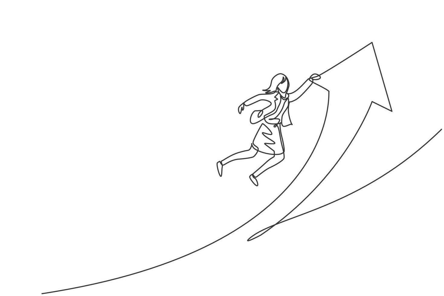 enda enradsteckning av ung smart affärskvinna som flyger och hoppar, håller upp pilsymbolen. affärsförsäljningstillväxt minimal koncept. modern kontinuerlig linje rita design grafisk vektor illustration