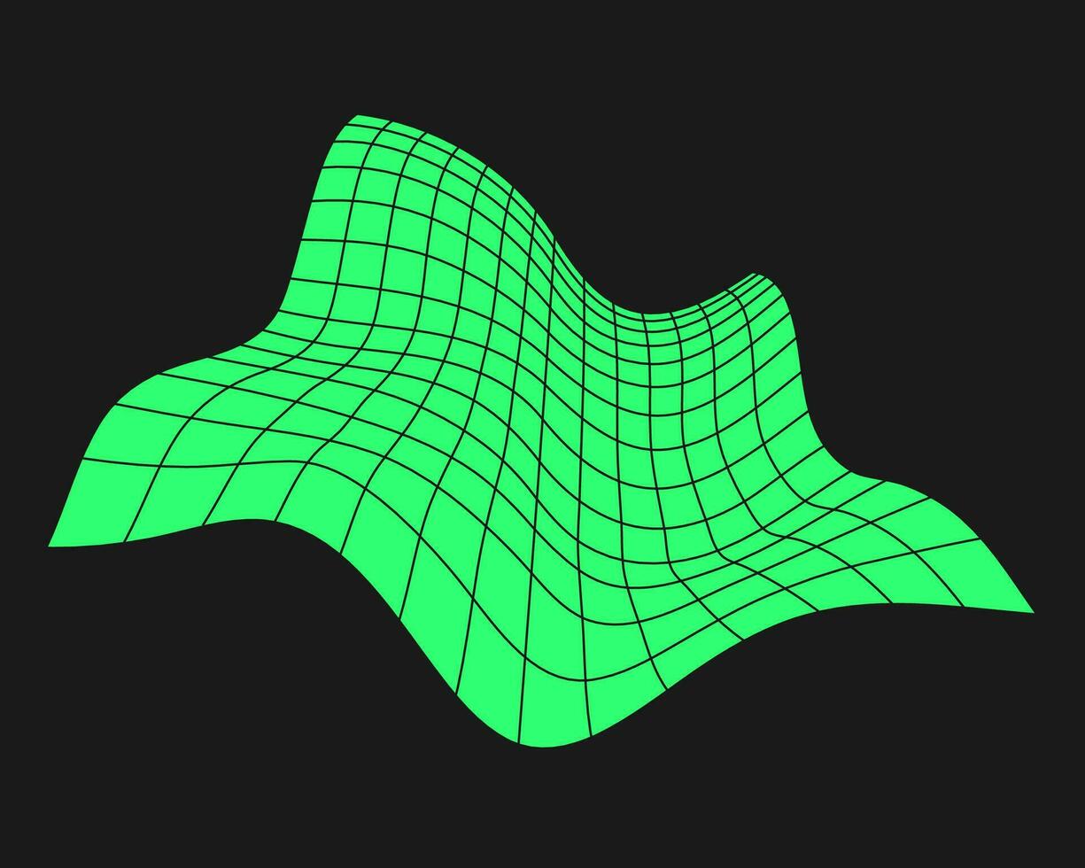 verzerrt Cyber Netz. Cyberpunk Geometrie Element y2k Stil. isoliert Grün Gittergewebe auf schwarz Hintergrund. Vektor Mode Illustration.