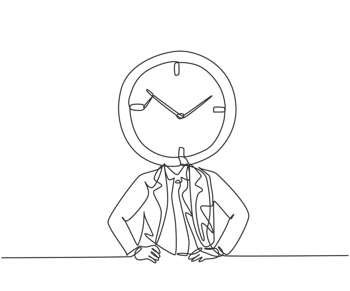 Einzelzeichnung eines jungen Geschäftsmannes mit analogem Uhrenkopf im Büro. Business Time Disziplin Metapher Konzept. moderne durchgehende Linie zeichnen Design-Grafik-Vektor-Illustration vektor