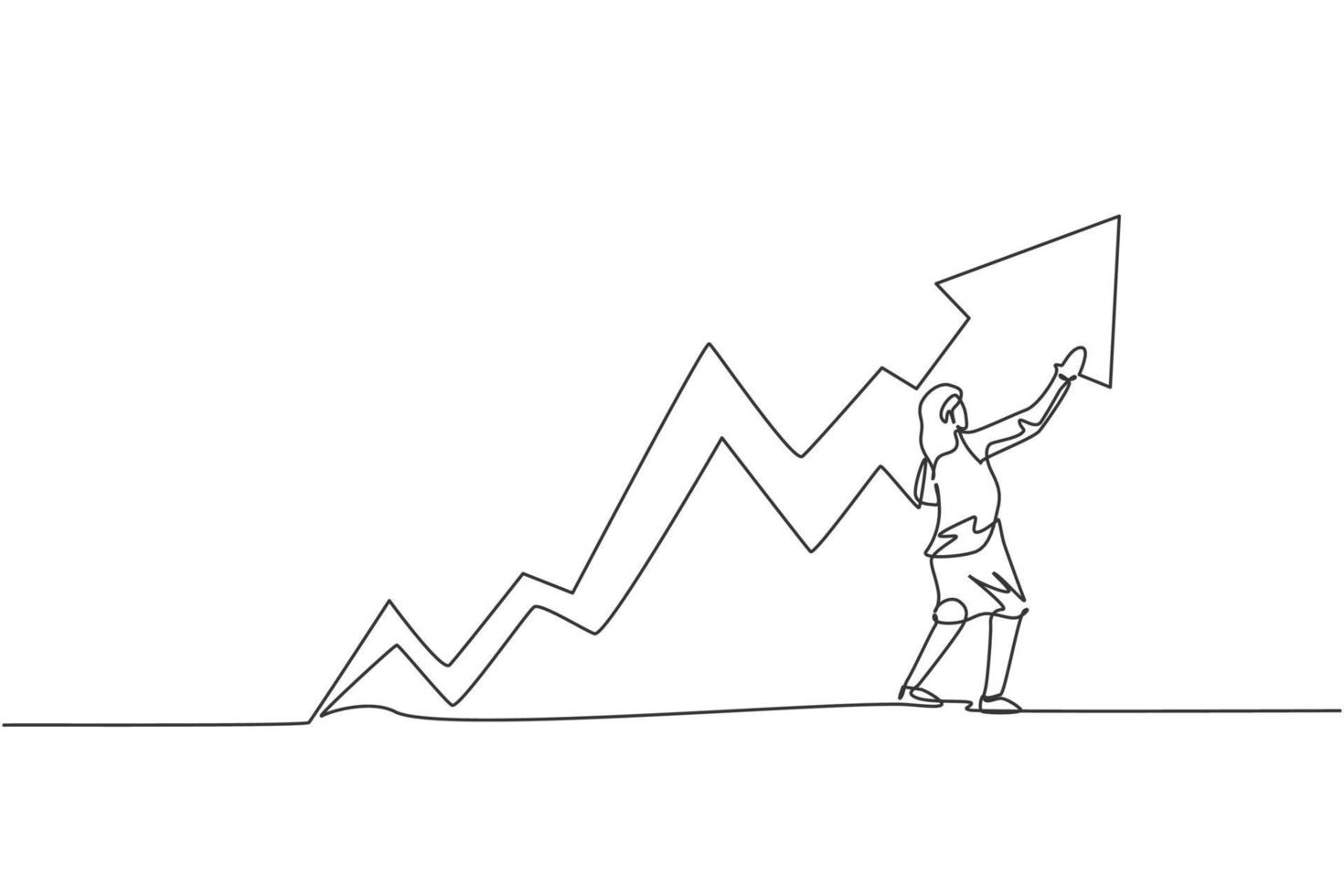 einzelne durchgehende Strichzeichnung der jungen Schönheitsgeschäftsfrau ziehen steigende Verkäufe an, die Diagramm an der Wand wachsen. professioneller Arbeiter. Minimalismus-Konzept dynamische eine Linie zeichnen Grafikdesign-Vektor-Illustration vektor