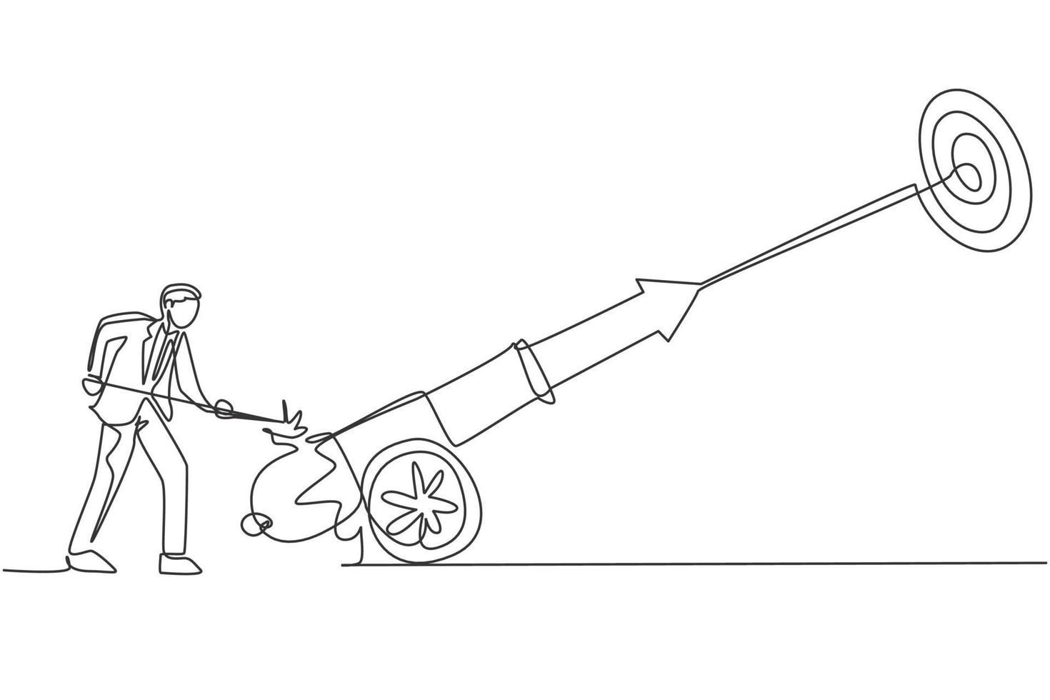 enda kontinuerlig linje ritning av ung affärsman flamma kanonen bollen veken att träffa målet. professionell affärsman. minimalism koncept dynamisk en rad rita grafisk design vektor illustration