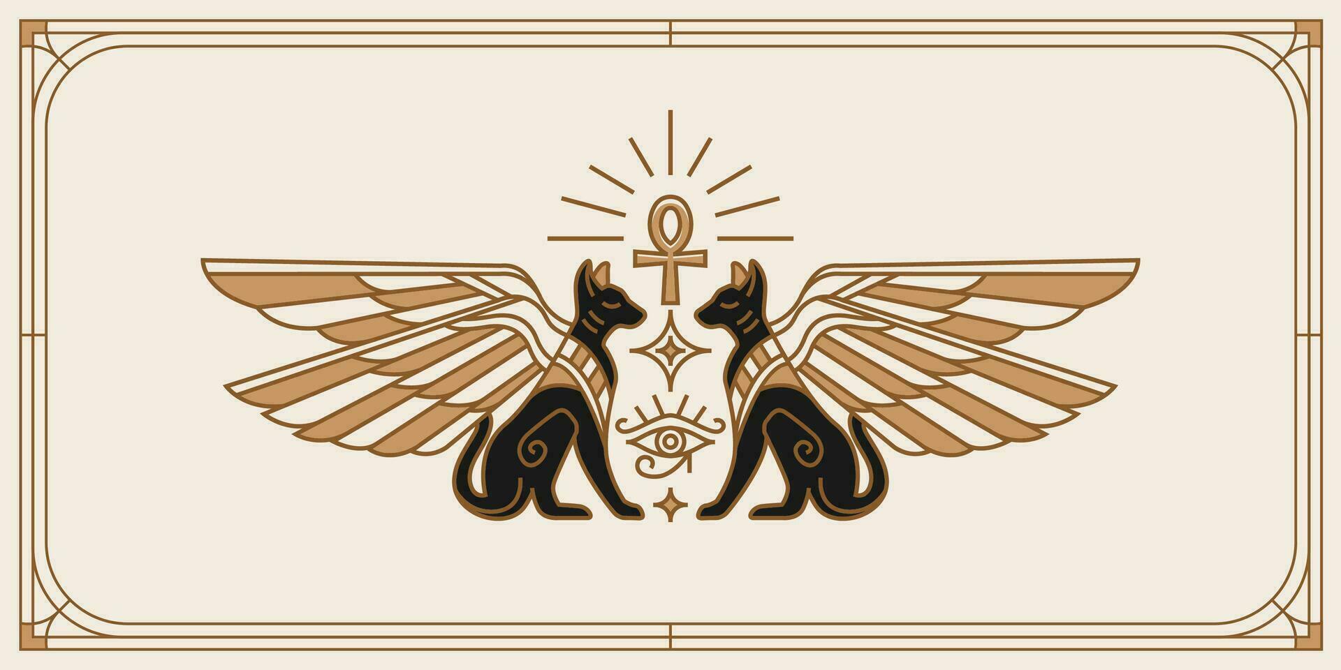 två bevingad egypten katter, helig öga av Gud horus. gammal egypten årgång konst hipster linje konst illustration vektor med öga av horus med helig scarab vingar vägg konst design i översikt minimal design