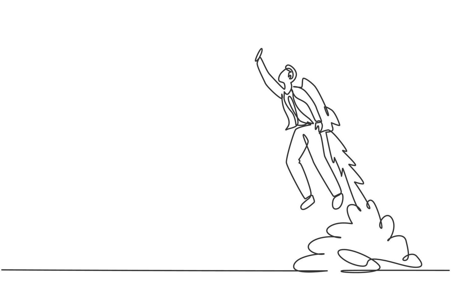 Kontinuierliche einzeilige Zeichnung eines jungen, gutaussehenden männlichen Arbeiters, der mit einer Jetpack-Maschine hoch fliegt. Erfolg Business Manager minimalistisches Konzept. trendige Single-Line-Draw-Design-Vektorgrafik-Illustration vektor