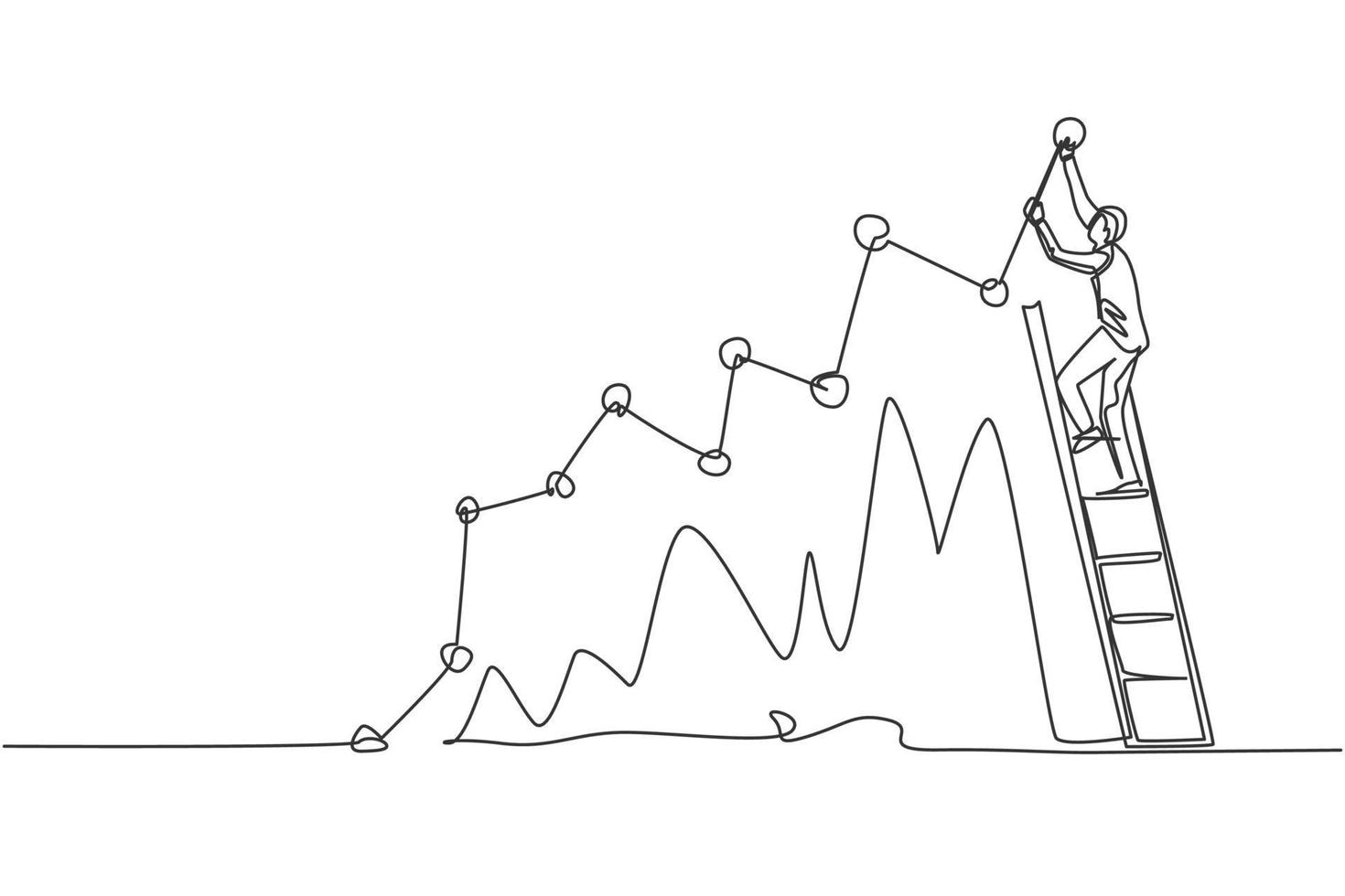 enda kontinuerlig linje ritning av ung affärsman klättra trappa för att underteckna öka marknadsschema. professionell affärsman. minimalism koncept dynamisk en rad rita grafisk design vektor illustration