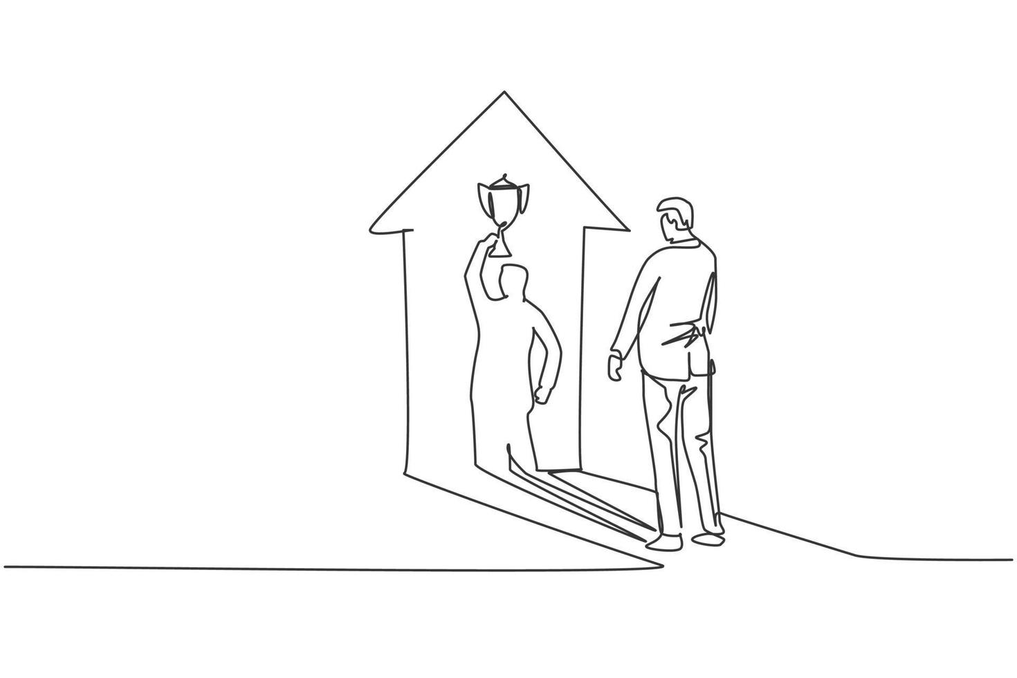 Single One-Line-Zeichnung eines jungen intelligenten Geschäftsmannes mit Blick auf den Schatten der Trophäe. minimales Konzept für das Wachstum des Geschäftsfinanzmarktes. moderne durchgehende Linie zeichnen Design-Grafik-Vektor-Illustration vektor