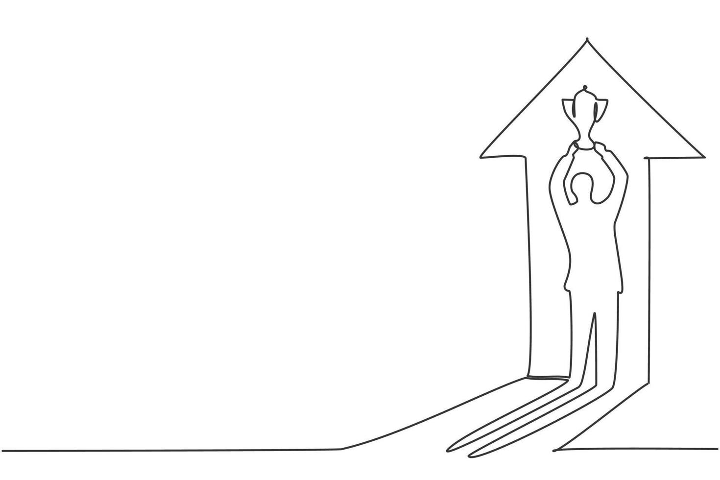 Kontinuierliche einzeilige Zeichnung des jungen männlichen Siegerschattens an der Wand, die die Trophäe hochhält. Erfolg Champion Athlet minimalistisches Konzept. trendige Single-Line-Draw-Design-Vektorgrafik-Illustration vektor