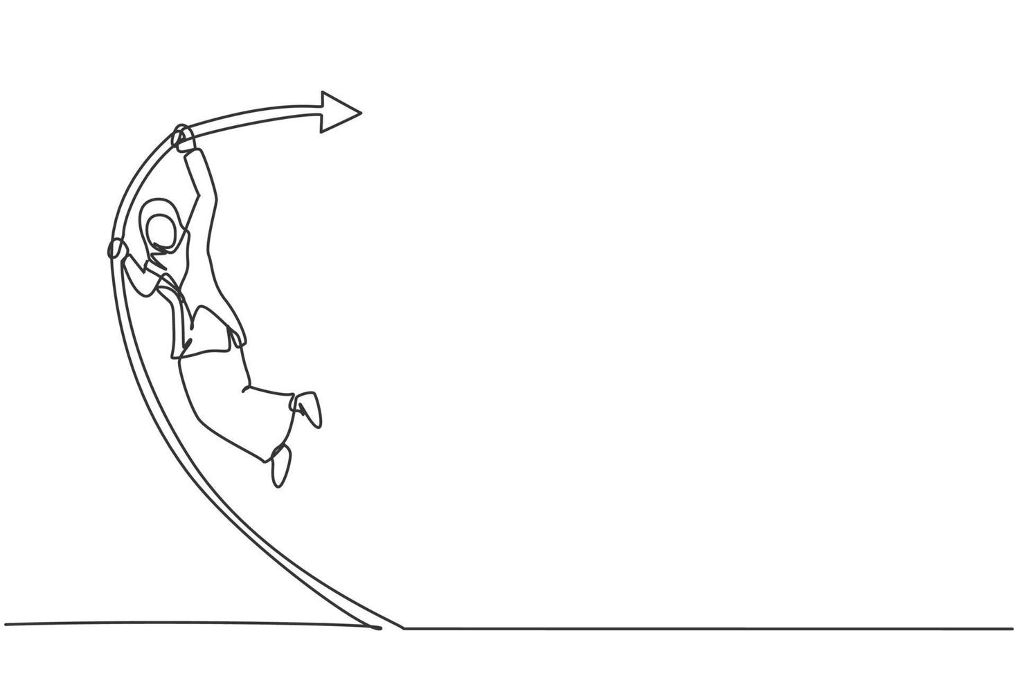 enda enradsteckning av ung arabisk affärskvinna som hoppar högt med stavhopp. affärsfinansiell tillväxt metafor minimal koncept. modern kontinuerlig linje rita design grafisk vektor illustration