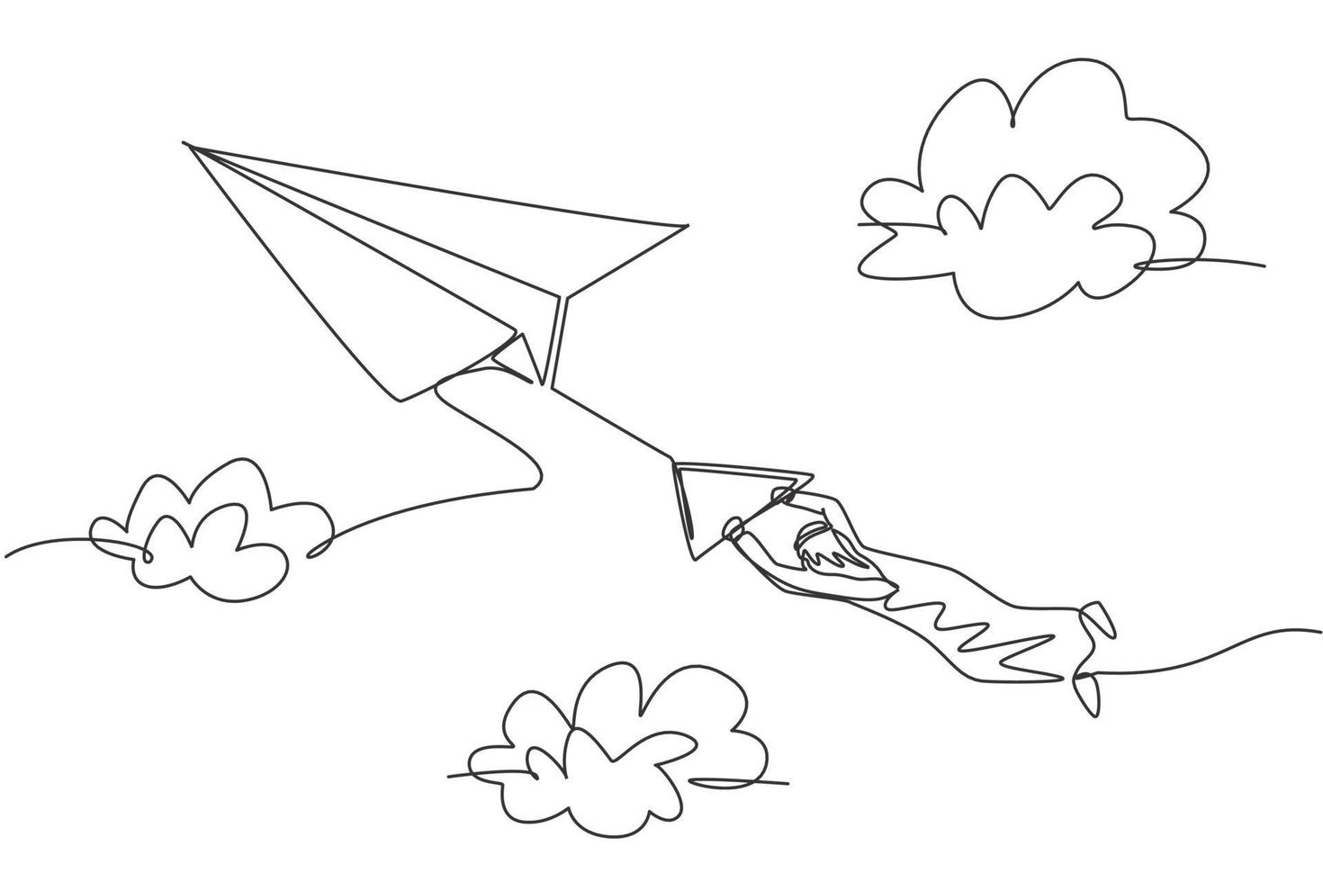 kontinuerlig en radritning av ung arabisk manlig arbetare som hänger tätt på flygande pappersplan vid himlen. affärsutmaning minimalistisk metafor koncept. enkel linje rita design vektor grafisk illustration