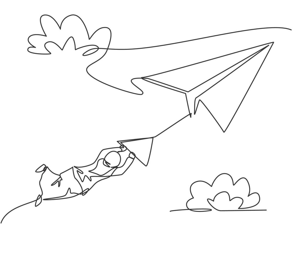 enda enradsteckning av ung arabisk affärskvinna som hänger på pappersflygplan. affärsutmaning minimal metafor koncept. modern kontinuerlig linje rita design grafisk vektor illustration