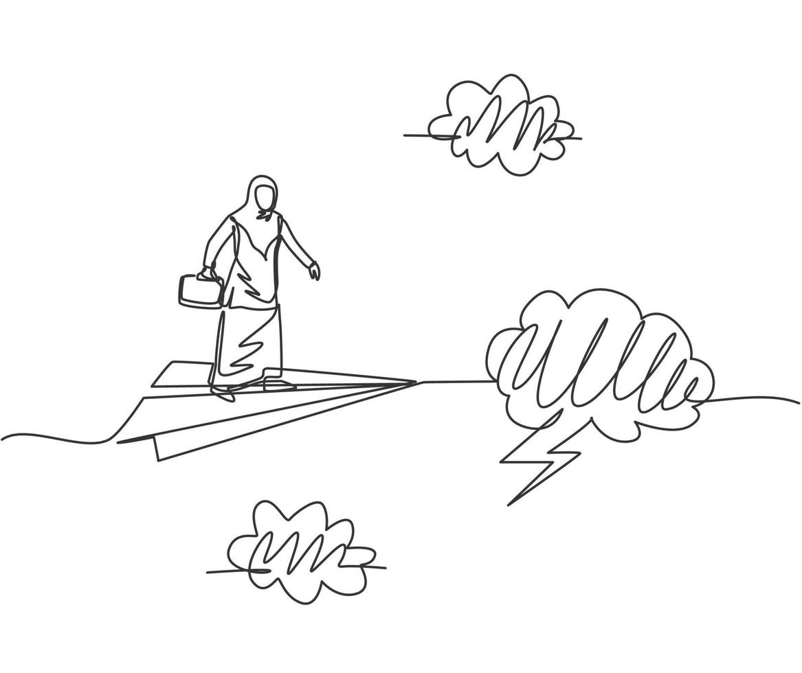Single One-Line-Zeichnung der jungen arabischen Geschäftsfrau auf fliegendem Papierflugzeug durch Sturm. geschäftliche Herausforderung. minimales Metaphernkonzept. moderne durchgehende Linie zeichnen Design-Grafik-Vektor-Illustration vektor