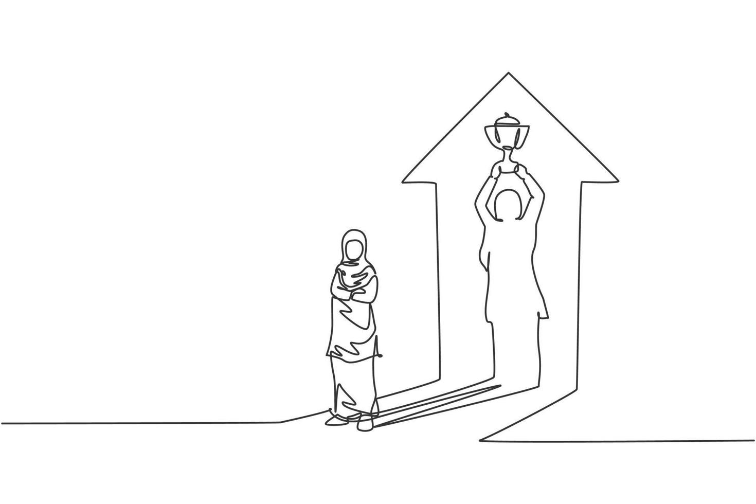 Kontinuierliche einzeilige Zeichnung junger arabischer Arbeiterinnen reflektieren das Heben des Siegertrophäenschattens. Erfolg Business Manager minimalistisches Konzept. trendige Single-Line-Draw-Design-Vektorgrafik-Illustration vektor