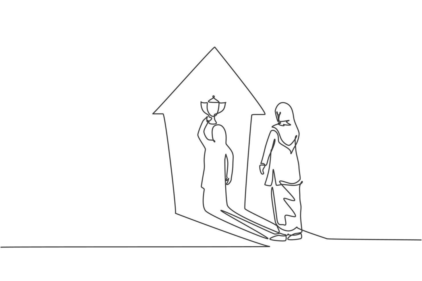 enda en linje ritning av ung smart arabisk affärskvinna inför hennes lyftpokaskugga på väggen. affärsutveckling minimal koncept. modern kontinuerlig linje rita design grafisk vektor illustration