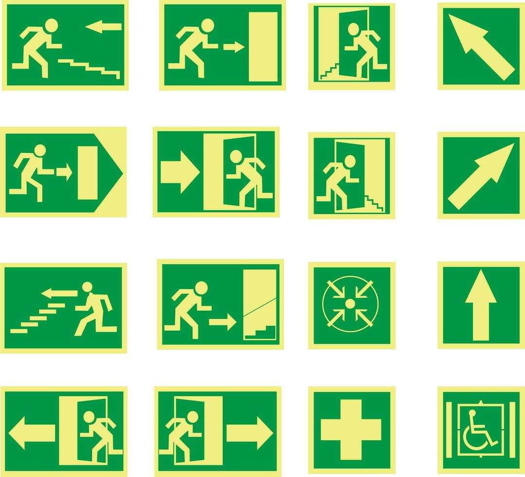 einstellen von Grün Notfall Zeichen. Ausfahrt, Ausfahrt Tür, Behinderte, Ausfahrt Richtung, Treffen Punkt, Ausfahrt oder Notfall Treppe vektor