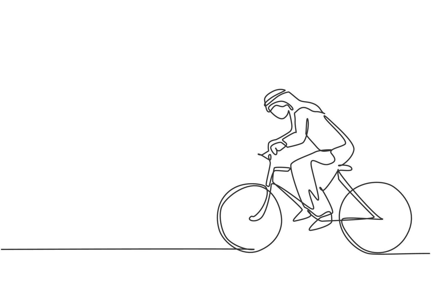 enda kontinuerlig linje ritning av ung arabisk affärsman ridning cykel gå till kontoret. sportig yrkesarbetare. minimalism koncept dynamisk en rad rita grafisk design vektor illustration