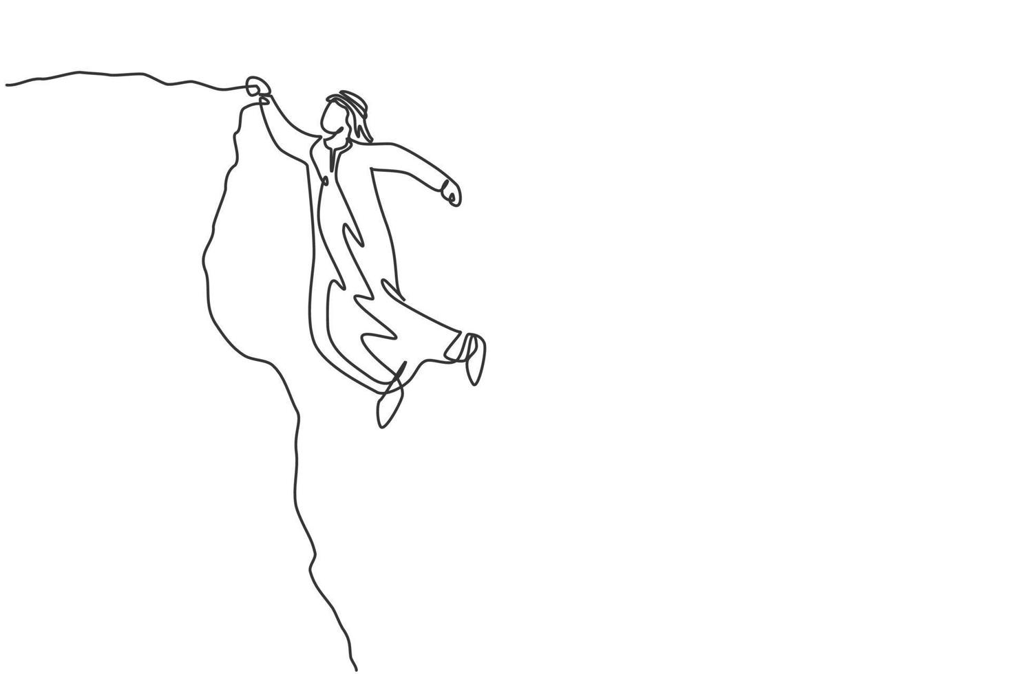 kontinuerlig enradsteckning av ung stilig arabisk manlig arbetare som hänger tätt på klippkanten. framgång affärskamp, metafor minimalistisk koncept. enkel linje rita design vektor grafisk illustration