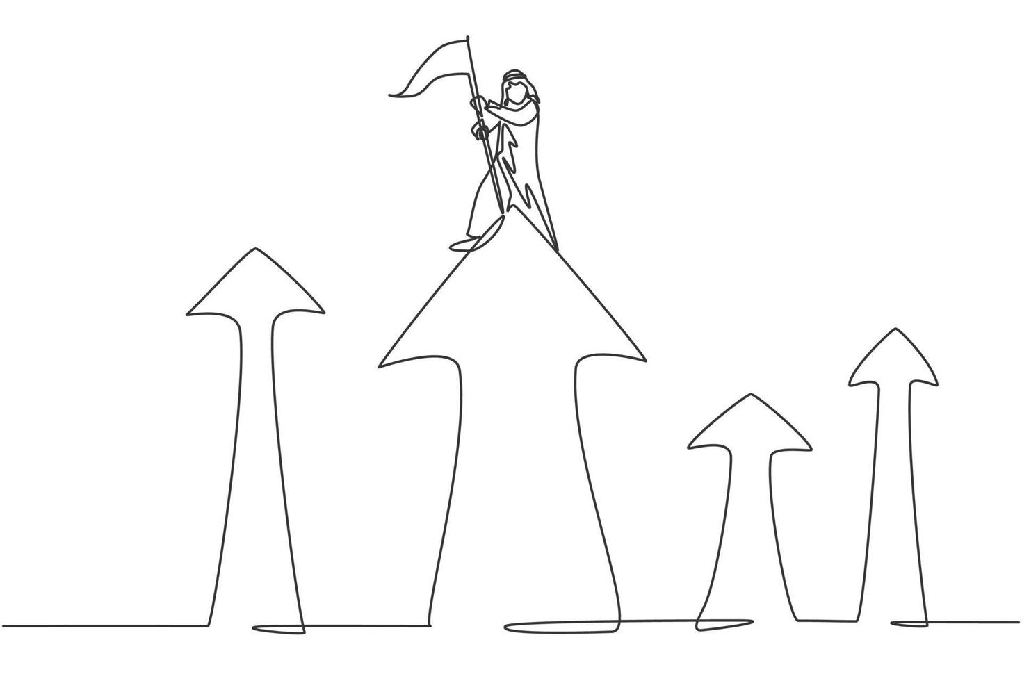 Einzelzeichnung eines jungen arabischen männlichen Unternehmers, der die Zielflagge oben auf dem Pfeilsymbol pflanzt. minimales Konzept für das Geschäftswachstum. moderne durchgehende Linie zeichnen Design-Grafik-Vektor-Illustration vektor