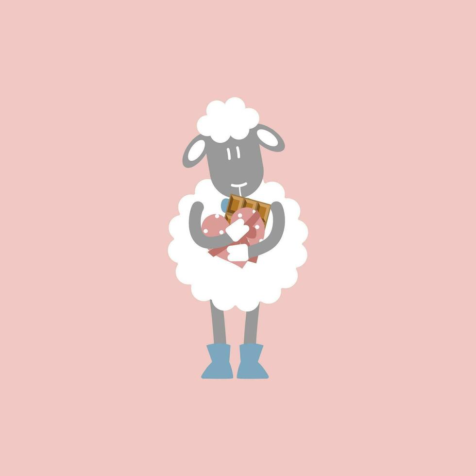 süß und schön Schaf mit Herz Schokolade Bar, glücklich Valentinstag Tag, Liebe Konzept, eben Vektor Illustration Karikatur Charakter Kostüm Design
