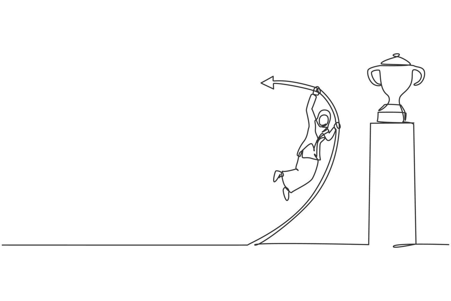 enda kontinuerlig linje ritning unga professionella kvinnliga arabiska entreprenör stavhopp hoppa för att nå vinnande trofé. minimalism metafor koncept dynamisk en rad rita grafisk design vektor illustration