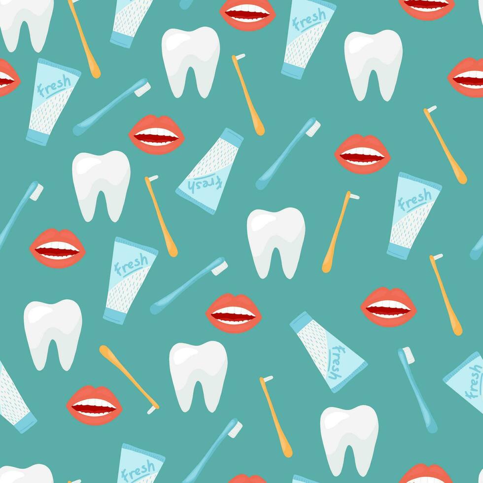 sömlös mönster med söt tänder, tandborste, tandkräm i tecknad serie stil. dental söt bakgrund. illustration för barn tandläkare skåp, pediatrisk tandvård. vektor