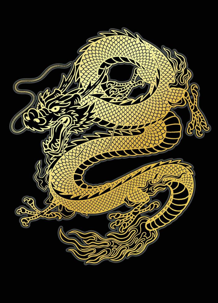 gyllene asiatisk drake illustration på svart bakgrund vektor