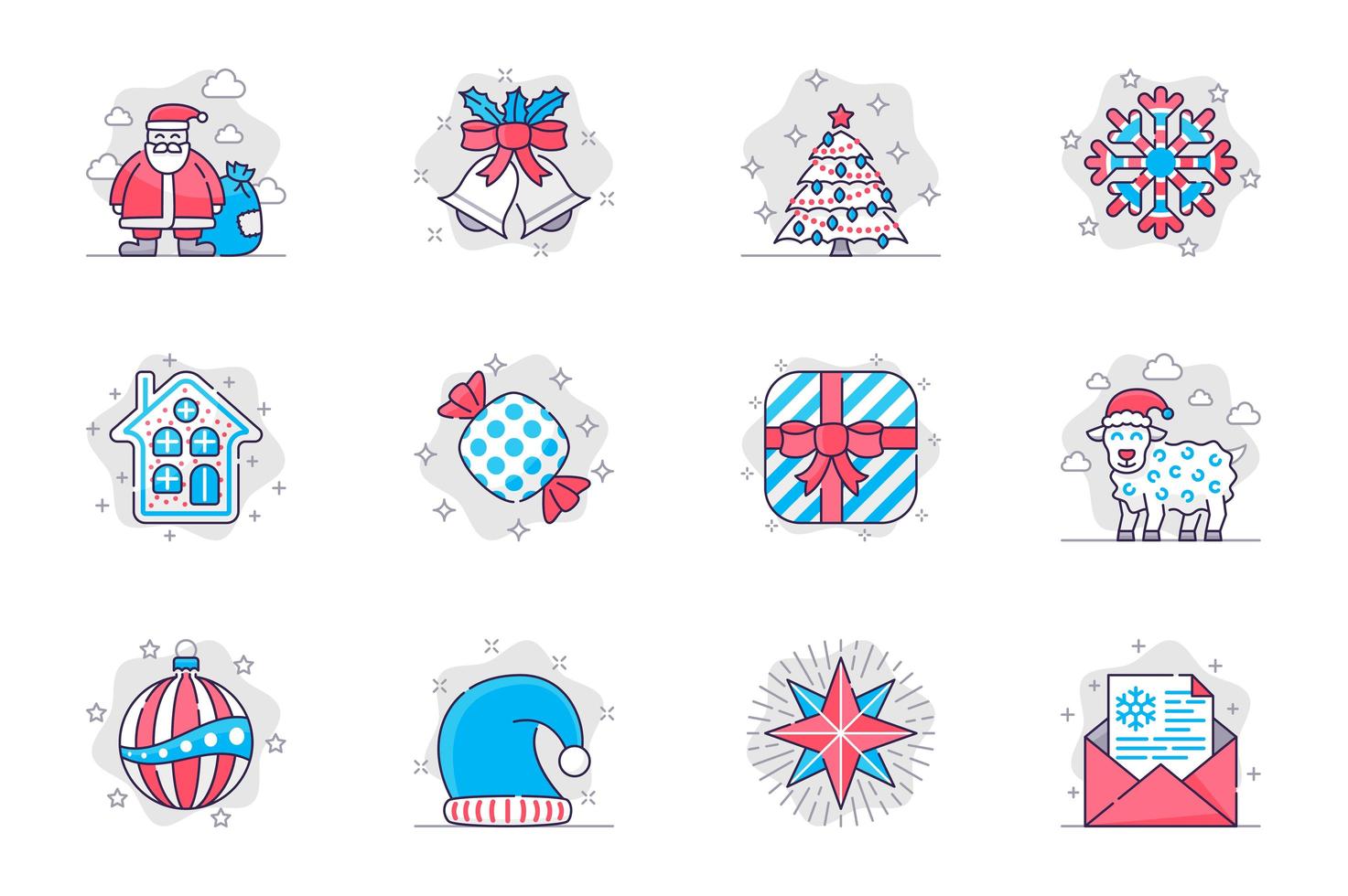 Weihnachtskonzept flache Linie Icons Set. Frohes neues Jahr, festliche Dekoration. Bündel Weihnachtsmann, Glocke, Baum, Schneeflocke, Kekse, Geschenk, Schafe, andere. Vektorkonzeptionelle Packumrisssymbole für mobile App vektor