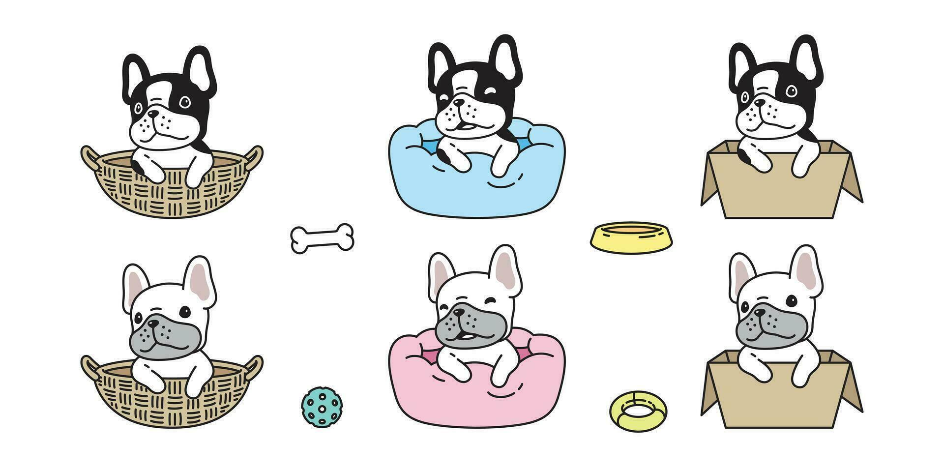 hund vektor franska bulldogg ben valp sällskapsdjur leksak låda korg kudde ikon tecknad serie karaktär symbol ras illustration klotter design