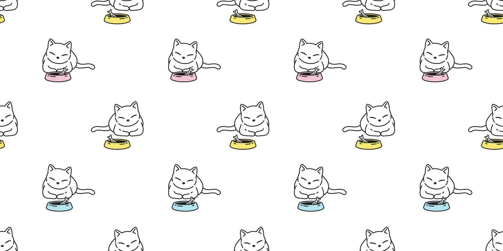Katze nahtlos Muster Kätzchen Vektor Essen Schüssel Fisch Schal isoliert wiederholen Hintergrund Fliese Hintergrund Karikatur Gekritzel Illustration Design
