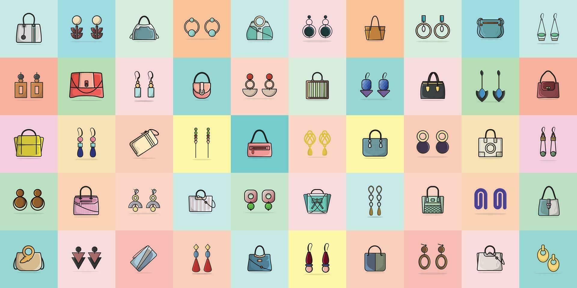 Sammlung von 50 modern Designer Damen Handtaschen und bunt Ohrringe Vektor Illustration. Schönheit Mode Objekte Symbol Konzept. einstellen von Frauen Mode Design Zubehör Vektor Design.