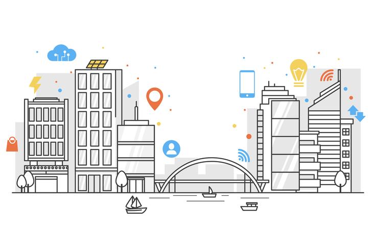 Smart stad i linjekonst med färgglada ikoner vektor
