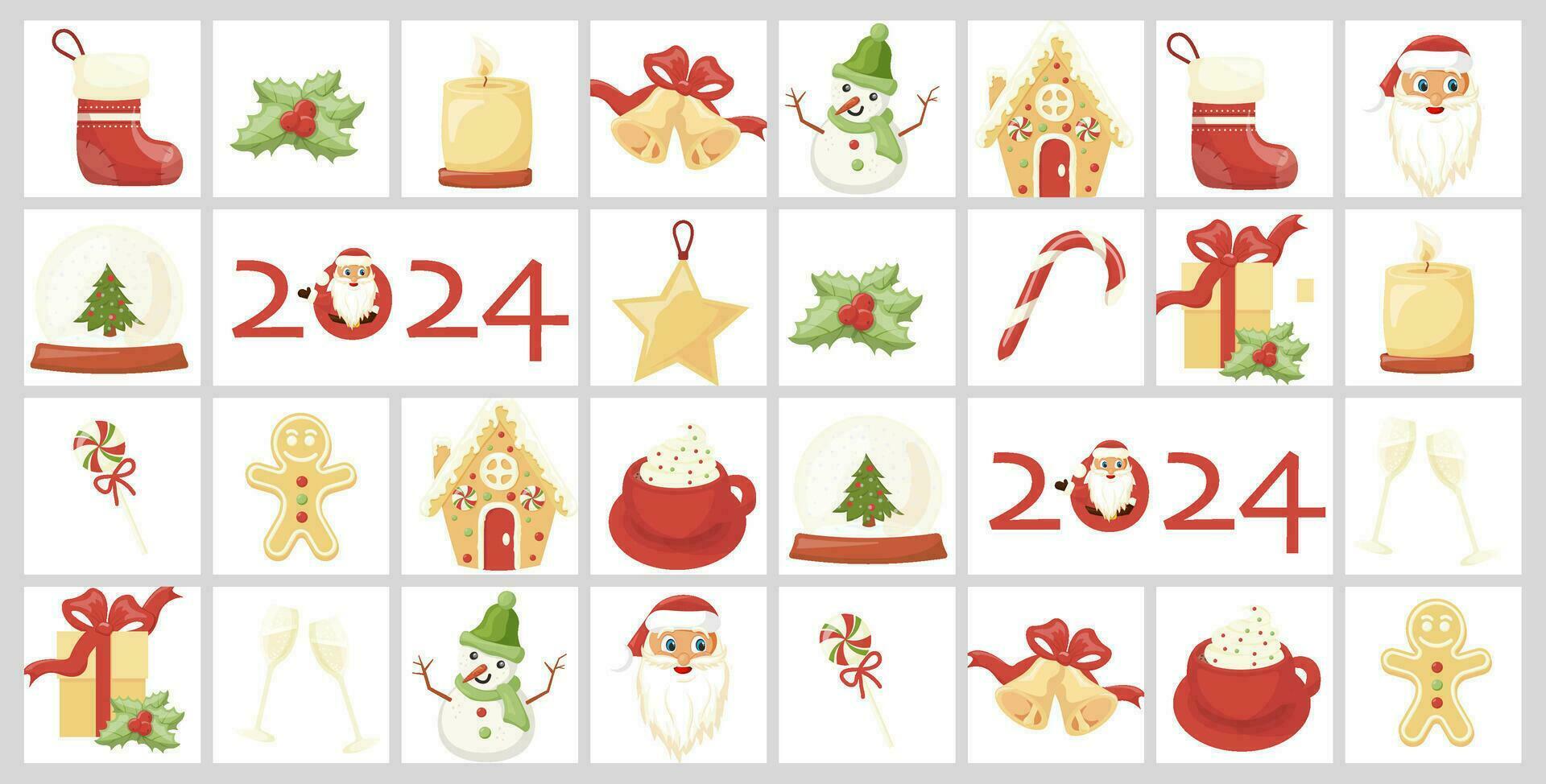 jul första advent kalender i tecknad serie stil med festlig ikoner. jul affisch, mall, baner med jul element i modern stil. vektor platt illustration.